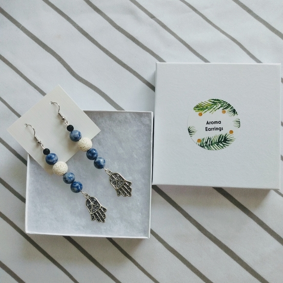 Aligning With Abundance Jewelry - Blue Jasper Hamsa Aroma Earrings